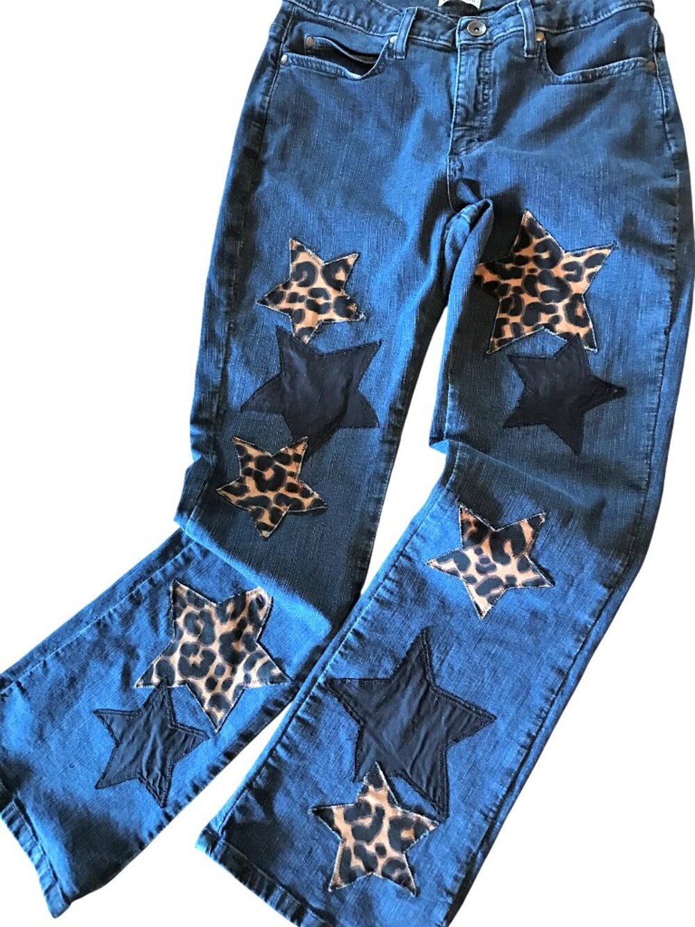 Upcycled Patchwork Jeans, Boho Hippie Pants Leopard Print Stars Size 12 Short